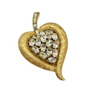Vintage Signed TRIFARI Leaf Heart Pin Brooch Textured Gold Tone Clear Stones